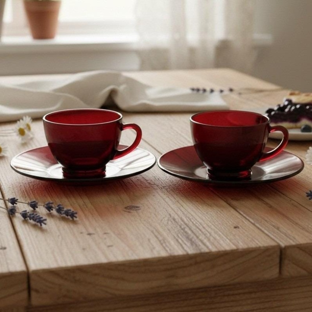 Anchor‎ Hocking Royal Ruby Red Teacups & Saucers, Set of 2, Vintage Glassware